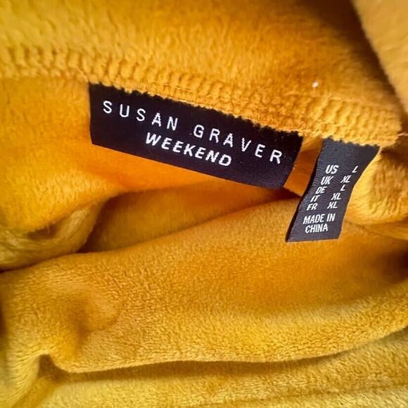 Susan Graver Weekend Large Mustard Yellow Velour Drawstring Cowl Neck Top Tunic - Picture 4 of 6